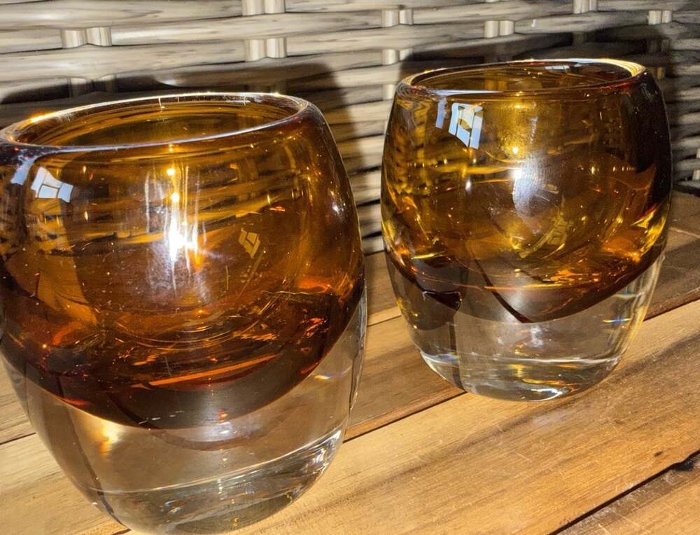 Mikasa Solaris Heavy Amber Art Glass Votive Holders Set Of Two 3.5” X2.75”